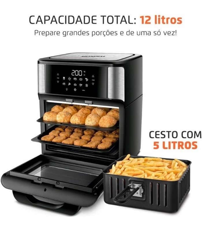 air fryer 12l mondial aberta mostrando itens preparados e o cesto de 5 litros cheio de batata