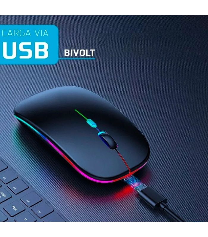 Mouse sem fio recarregável preto com iluminação RGB, design ergonômico e bateria de longa duração.