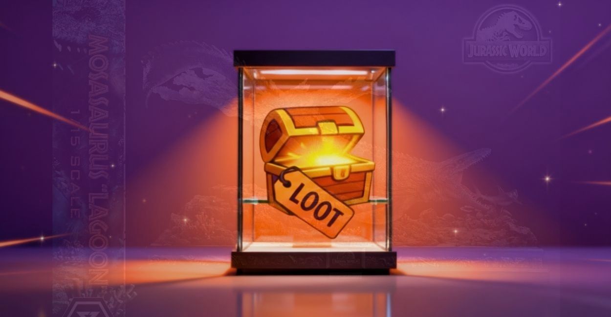 baú tesouro vitrine Jurassic World Mosassauro Loot