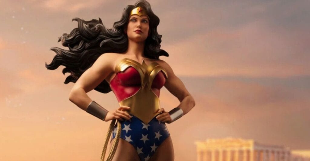 estátua Mulher Maravilha close-up traje clássico DC Comics