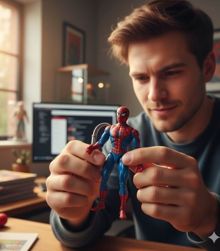 homem segurando action figure Homem-Aranha colecionável